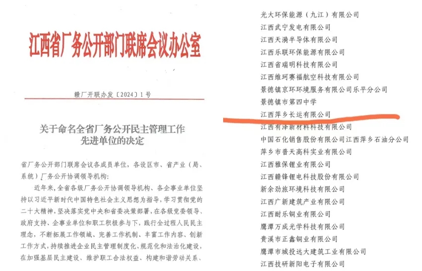 萍鄉(xiāng)長(zhǎng)運(yùn):榮獲“江西省廠務(wù)公開民主管理先進(jìn)單位”稱號(hào)